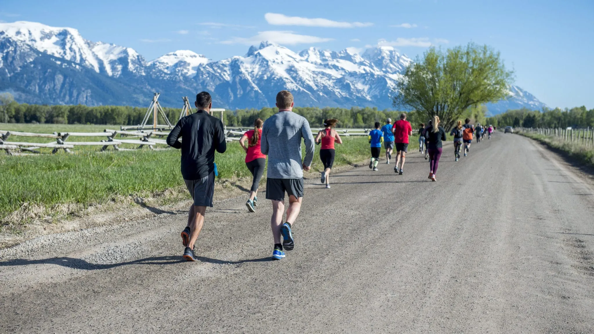 _D4R3999 Runners on path with snowy teton mountains in the background