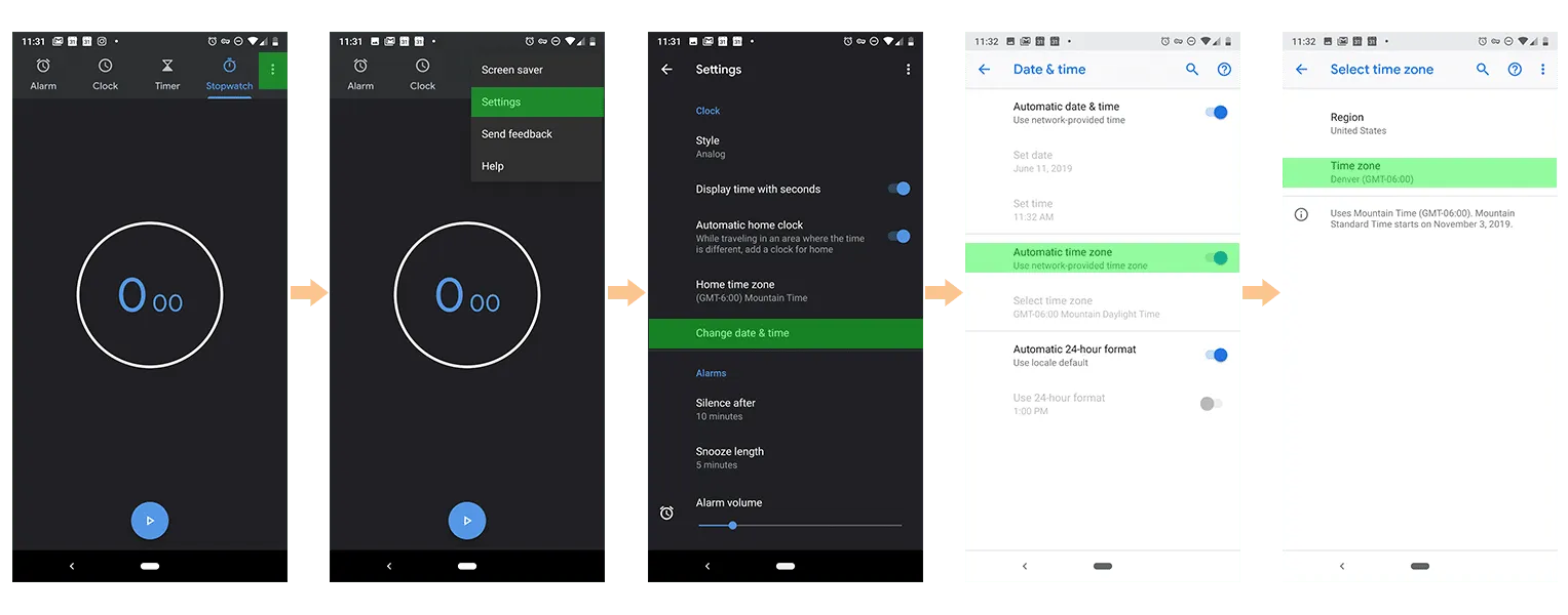 Andriod time zone instructions