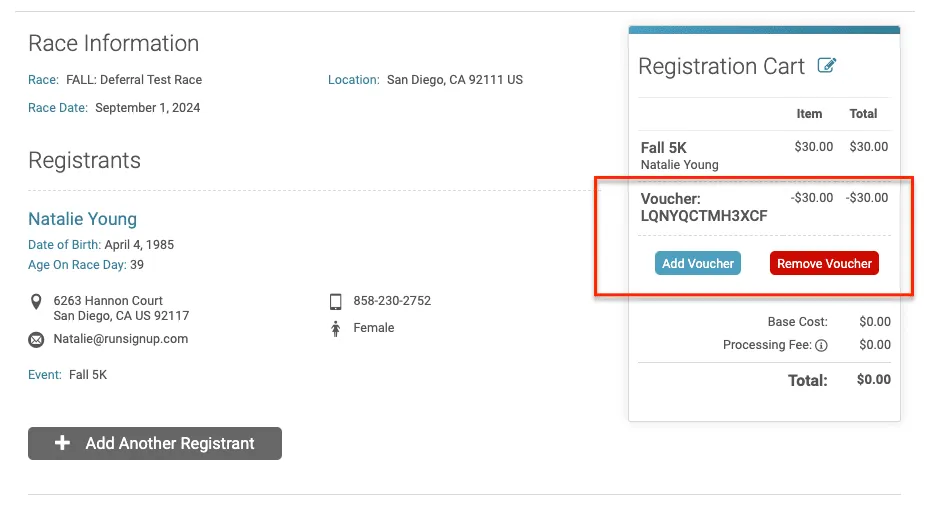 Deferral-Applied in Cart The Registration Cart will have your voucher credit asutomatically applied to it. Finish registration with this code or save it for later bu clicking 'remover voucher'.