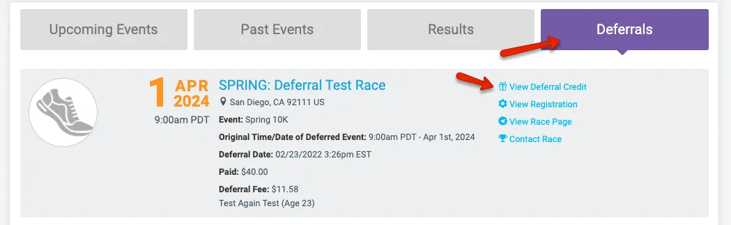 Deferral - My Deferrals on User Profile The RunSignup User profile page with the Deferrals tab opened, showing an existing deferral