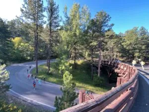 Mount Rushmore Half Marathon 1 View of half marathon runners running through trees in the Black Hills at the Vacation Races Mount Rushmore Half Marathon