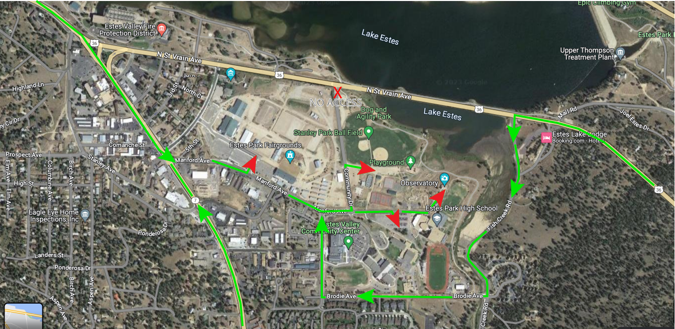 2023-Rocky Construction Map Map showing that you cannot travel to Community Drive via Highway 36