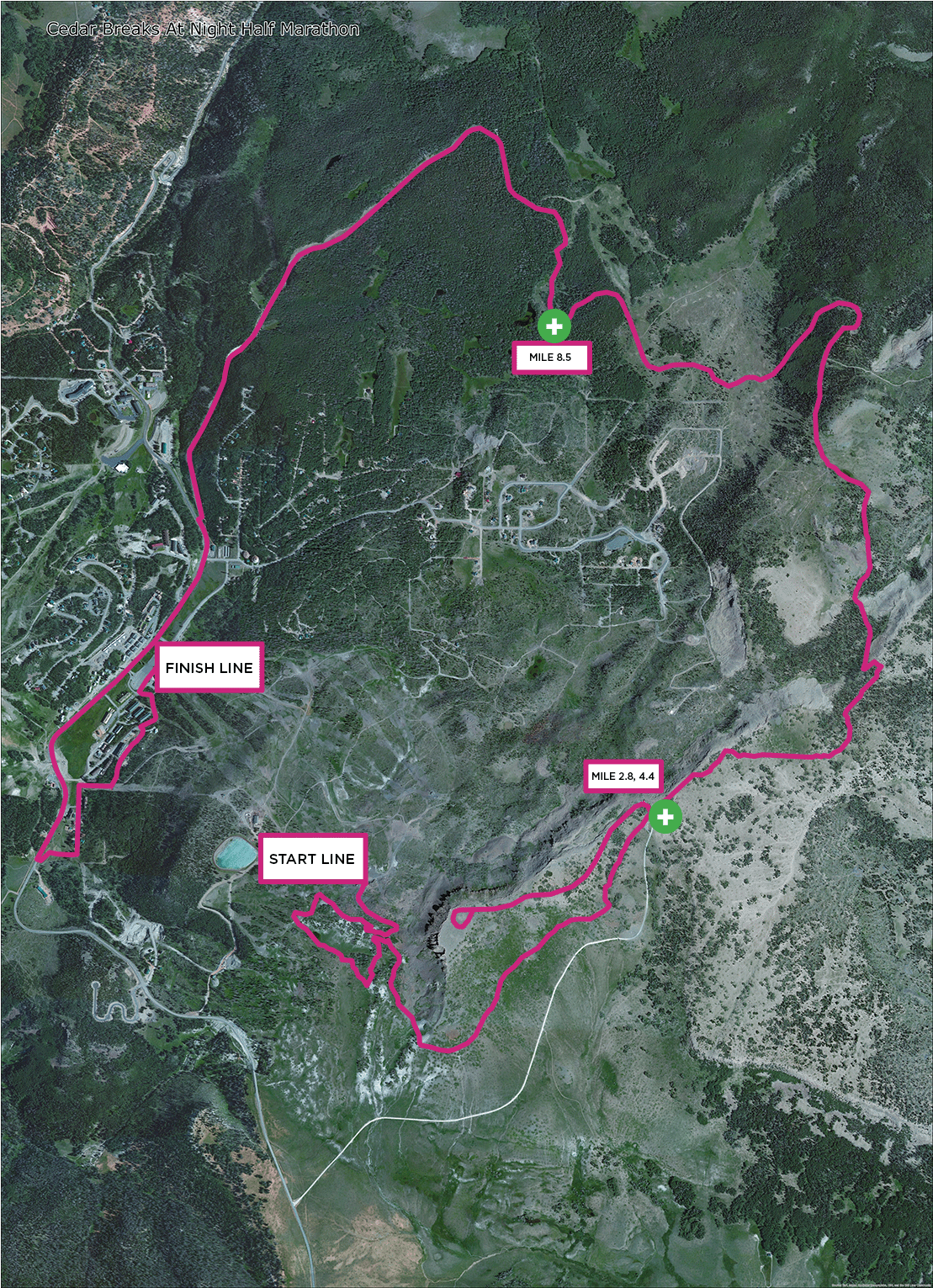 Map of the 2023 Cedar Breaks Course Route showing aid stations at miles 2.8, 4.4, and 8.5